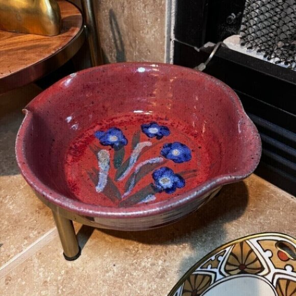 Stoneware red blue flowers bowl handmade OOAK studio pottery - Picture 2 of 10